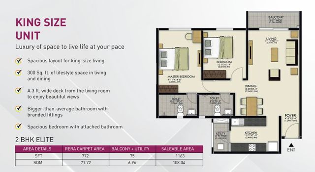 Developer's 2 BHK Elite floor plan with unit areas
